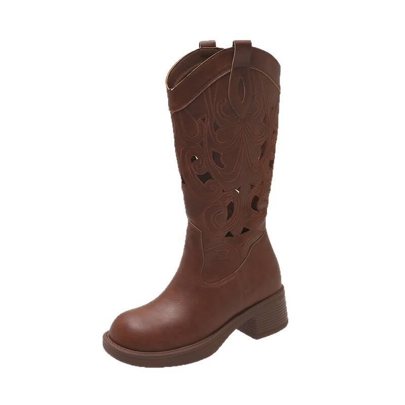 Embroidery v-mouth thick-soled thick-heeled western cowboy boots women's 2025 new retro round head hollow Martin boots high boots