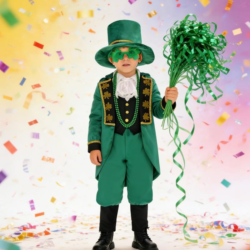 Irish Lucky Shamrock Kids Show Costume Set With Hat Vest Scarf And Pants Cosplay Outfit For Patrick Day Dance