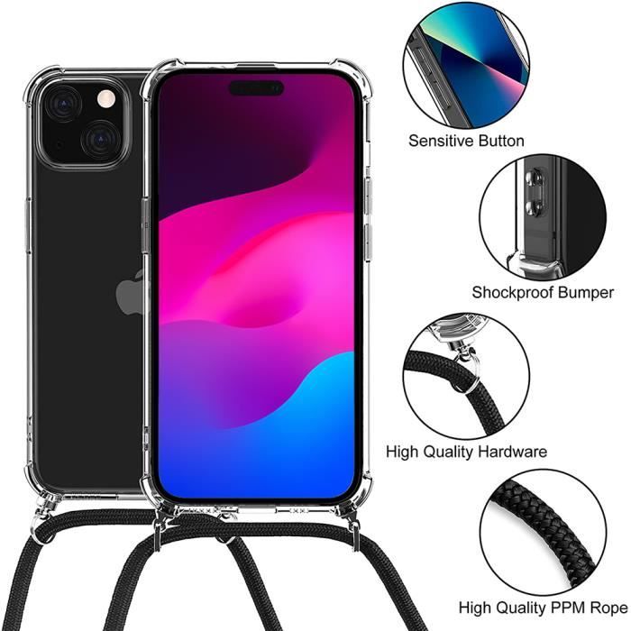 Coque Cordon - Silicone - pour iPhone 15 Plus - Transparent - Antichoc - Turquoise