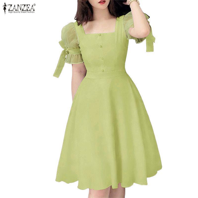 ZANZEA Womens Square Collar Casual Mesh Splice Short Sleeve A-Line Dress
