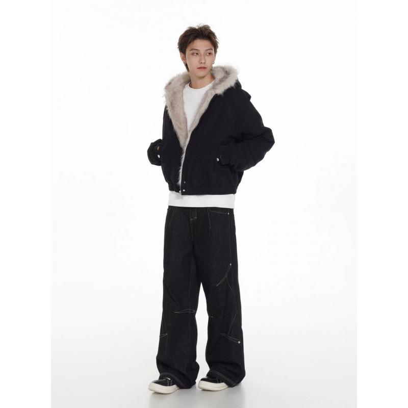 Unisex Retro Deconstructed Silhouette Fur Collar Hooded Jacket for Autumn/Winter