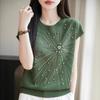 Women's Summer Bamboo Linen Beaded Crew Neck T-Shirt
