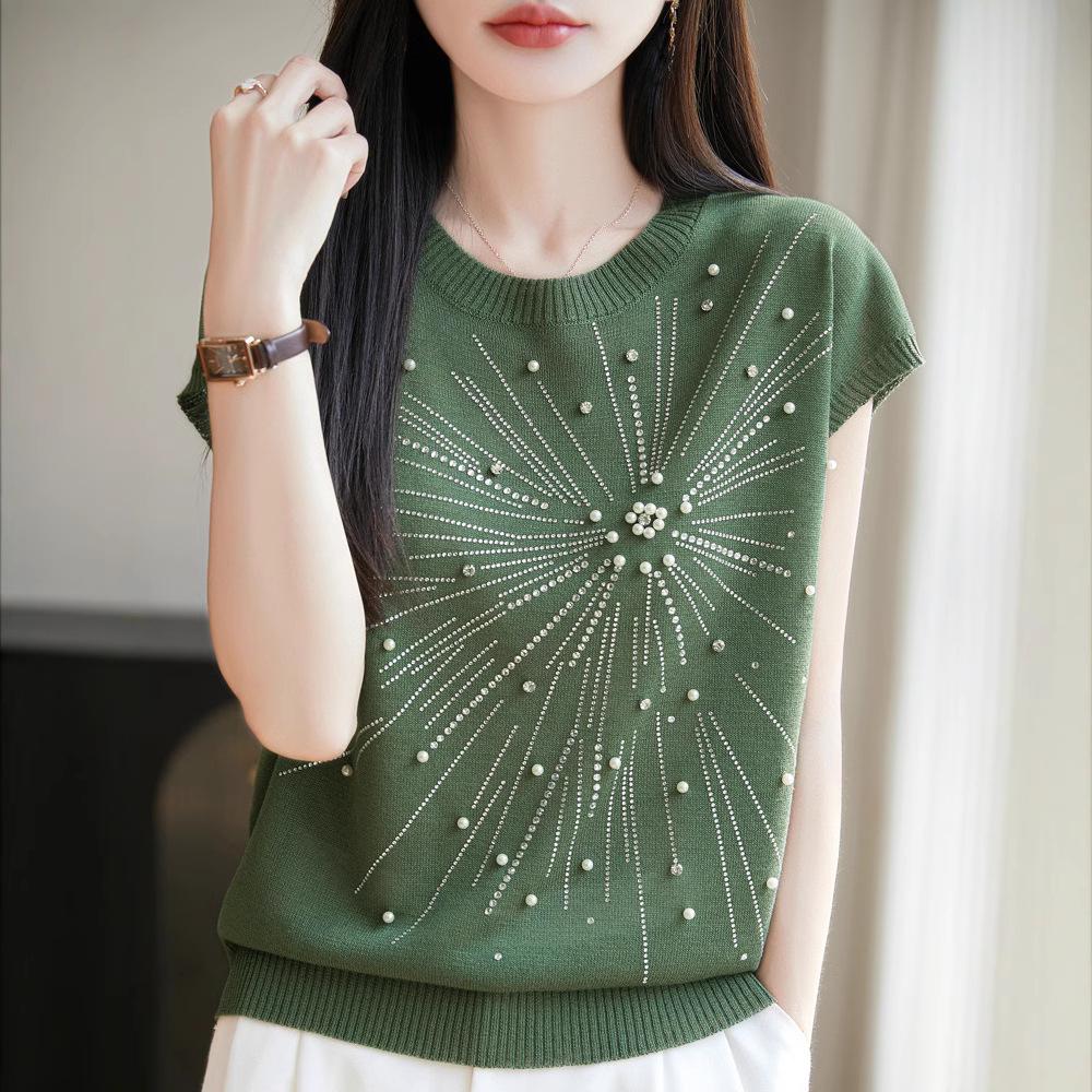 Women's Summer Bamboo Linen Beaded Crew Neck T-Shirt