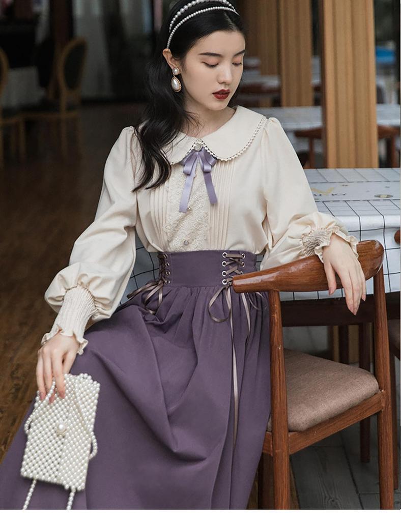 cute blouse and skirt set for top and bottoms with a bow Long Mori perfect for [LAVASEON] Mass-produced, 2-piece women. Midi-length tie. sleeves,