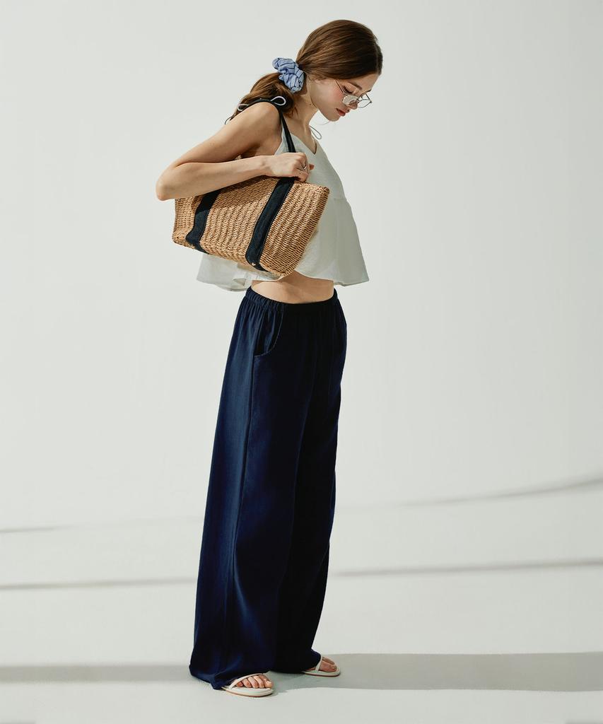 VIKINI VENDER Slow Linen Elastic Waist Wide Pants - Navy