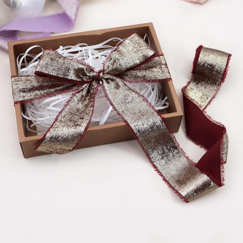 5 Yards Frayed Edged Satin Handmade Bronzing Ribbon for Wedding Invitation Bouquets Birthday Party DIY Decoration Gift 3Roll
