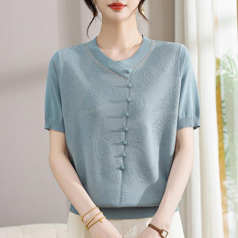 

Elegant Ice Silk Chinese-Style Summer T-Shirt for Moms: Fashionable Short-Sleeve Blouse for Middle-Aged and Elderly Women 3XL (Suggest for 135-160 jin) синий