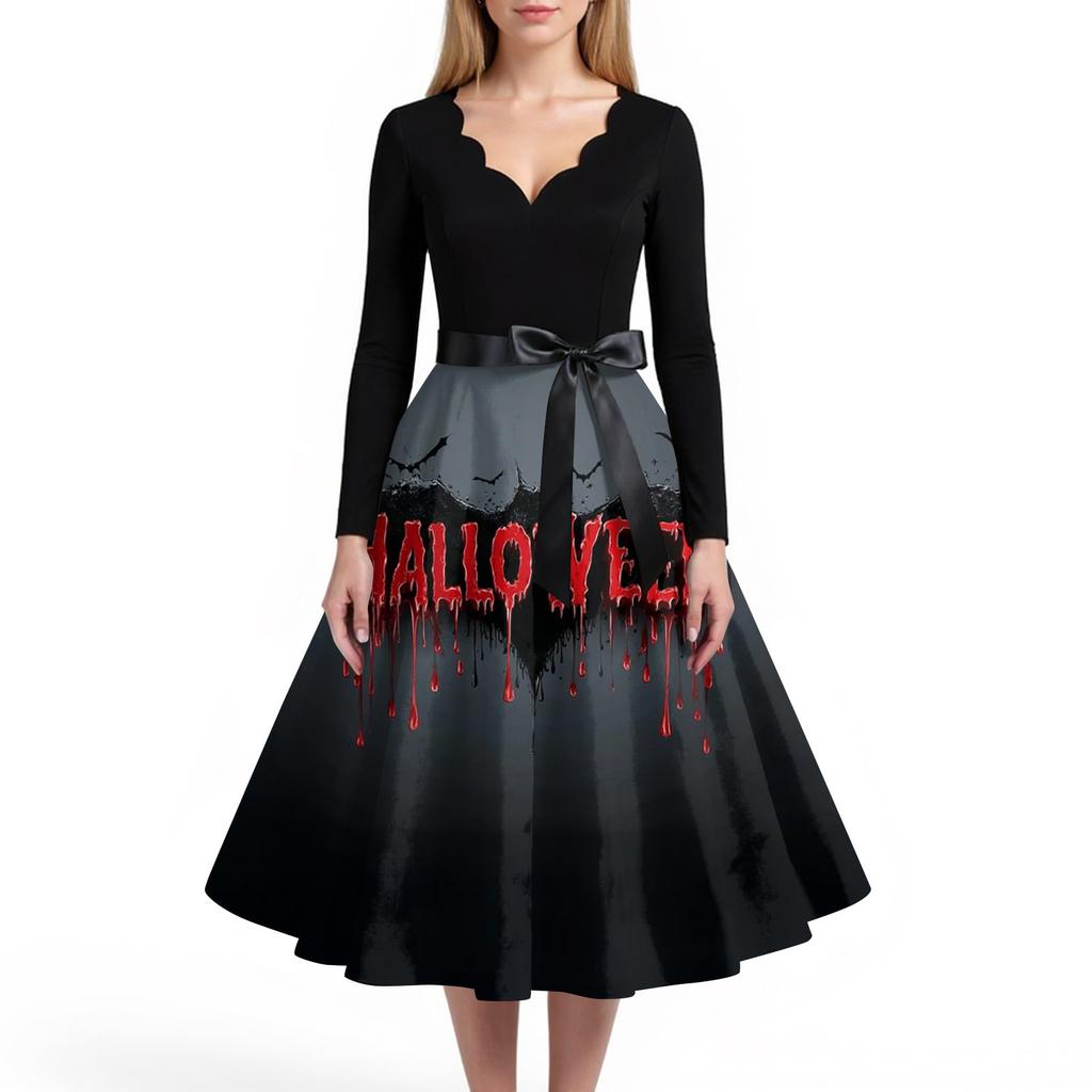 Women's Casual And Fashionable V-neck Long-sleeved Halloween Printed Dress