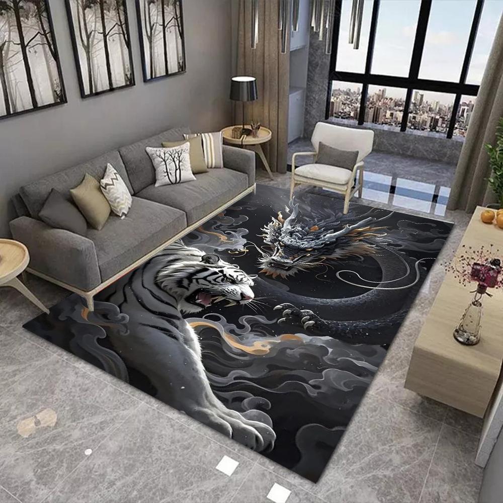 Eastern Mythology Dragon & White Tiger Carpet Chinese Style Power Theme Rug Home Decoration for Living Room Mat Indoor Carpets