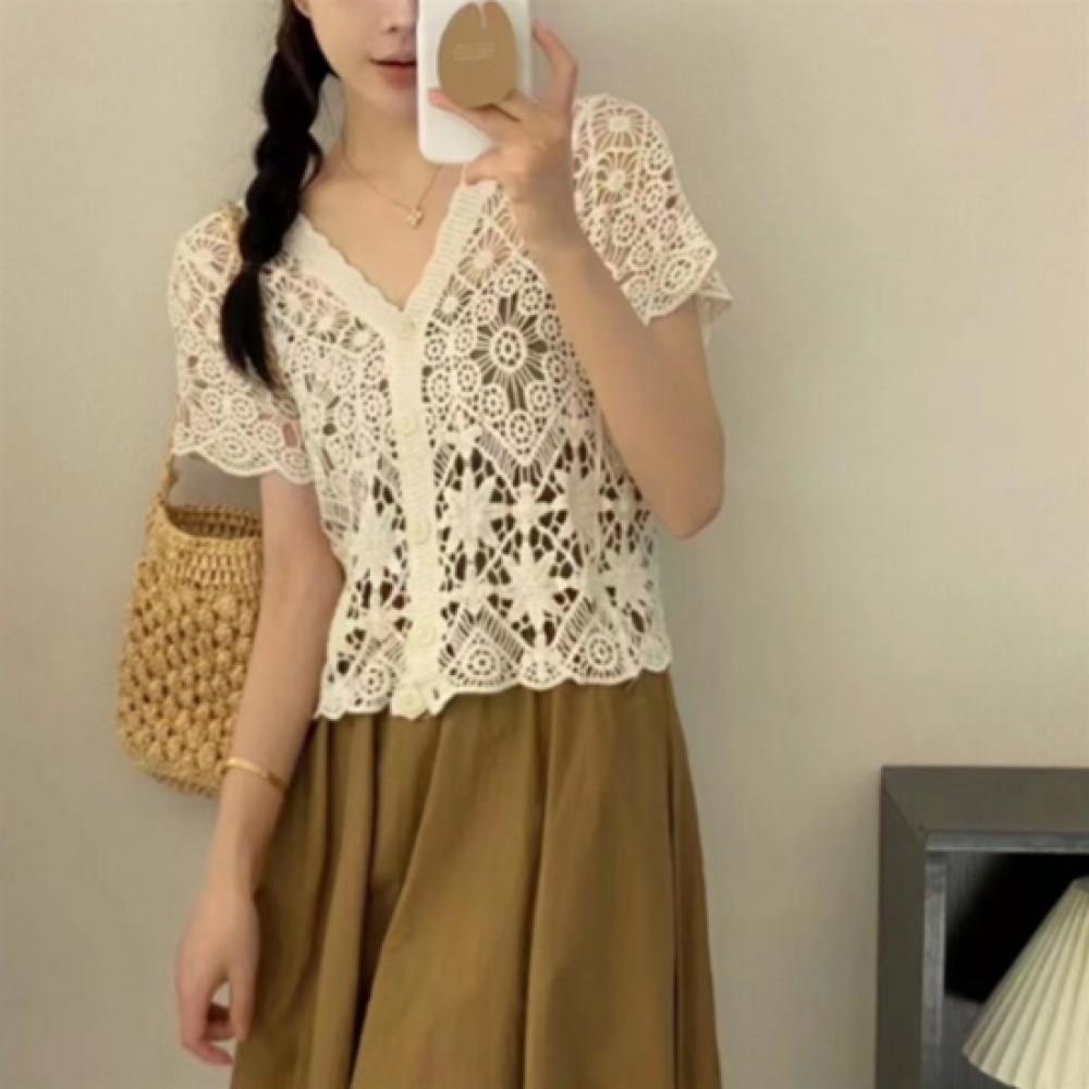 New ArriVals Open Run Women V Neck Crochet Knit Cardigan Ethnic Design