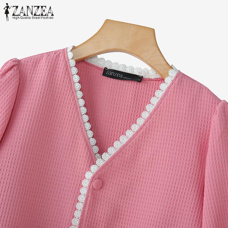 ZANZEA Women Casual Lace Splice V-Neck Summer Half Sleeve Blouse