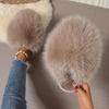 1 Pair Elegant Faux Fur Slippers for Women, Indoor/Outdoor House Shoes, Korean Style Warm Flat Non-Slip Rubber Sole, Pure Color, Fabric Lined