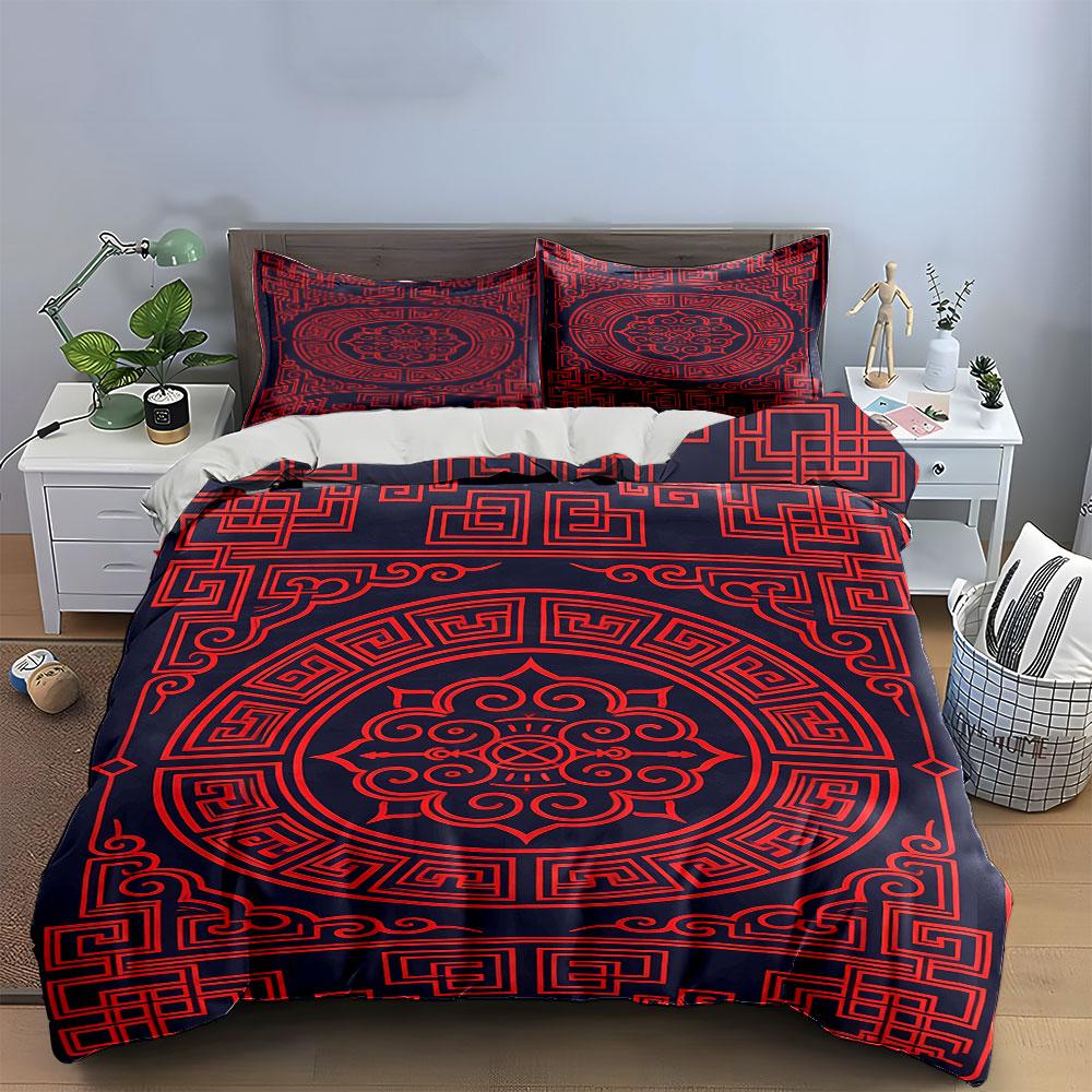 Circular geometric red patterns. Bedding sets Duvet cover sets Duvet covers Pillowcases(1 * Duvet Cover 2 * Pillowcases without duvet insert)