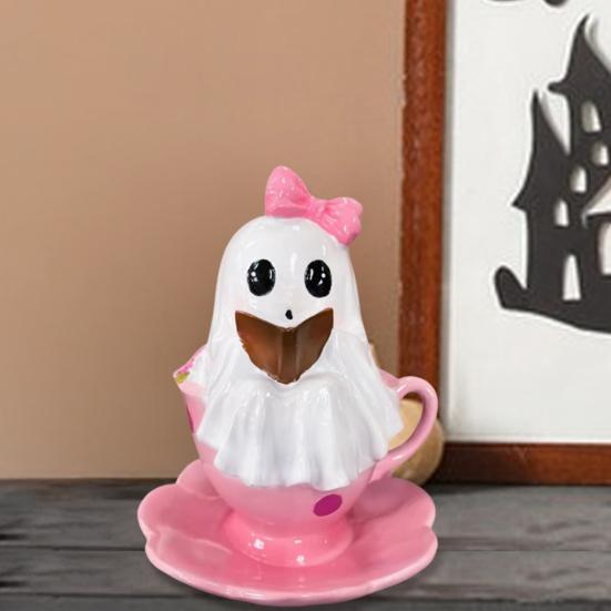 1/2Pcs Halloween Reading Ghost Figurine Pink Teacup Ghost Statue Resin Sculpture Home Office Holiday Party Desktop Decoration Ornament