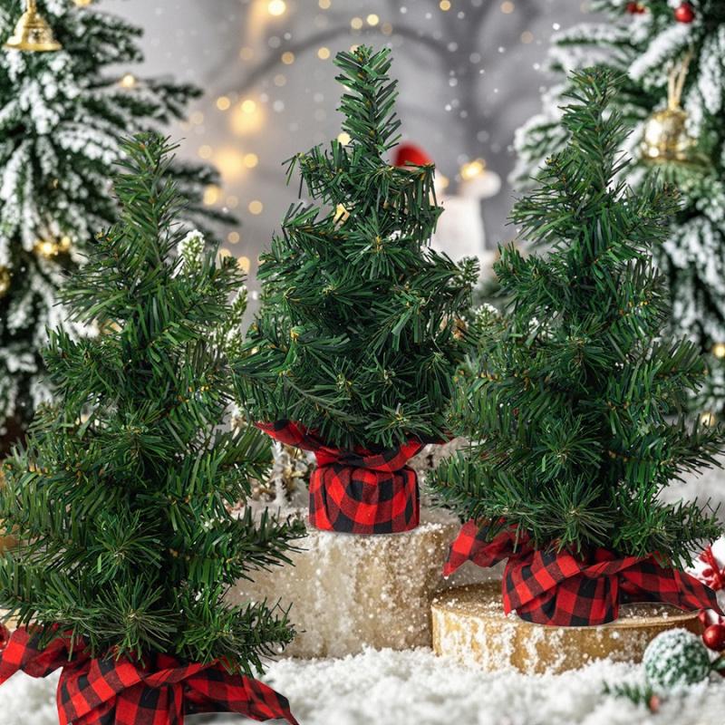 1pc15cm/5.91inMini Christmas Tree Ornament Red and Black Plaid BaseDIYChristmas Tree Mall Window Party Tabletop Decoration Ornam