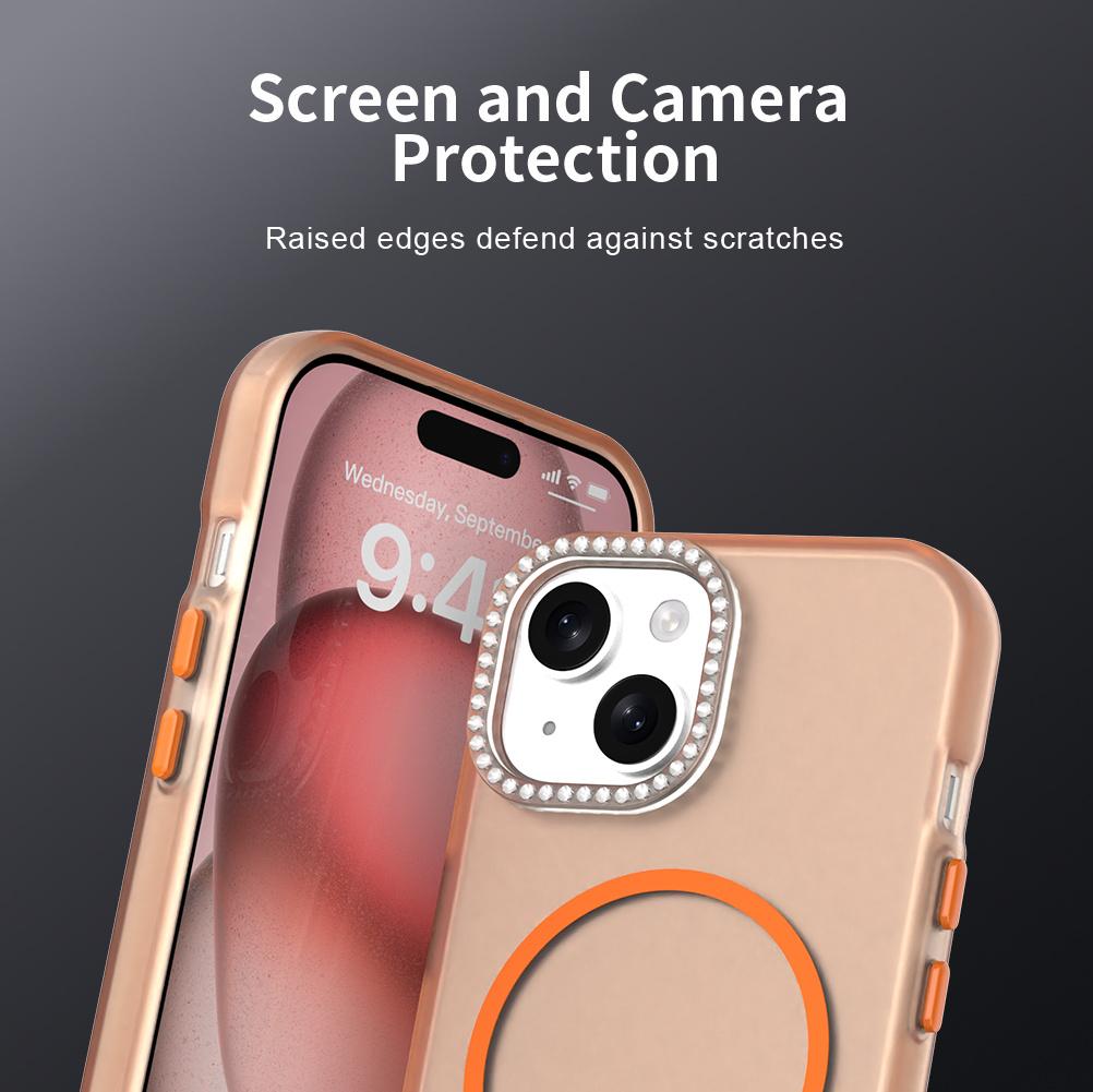 For iPhone 15 Plus/14 Plus Case Compatible with MagSafe TPU+PC+PET Phone Cover Rhinestone Decor Lens Frame