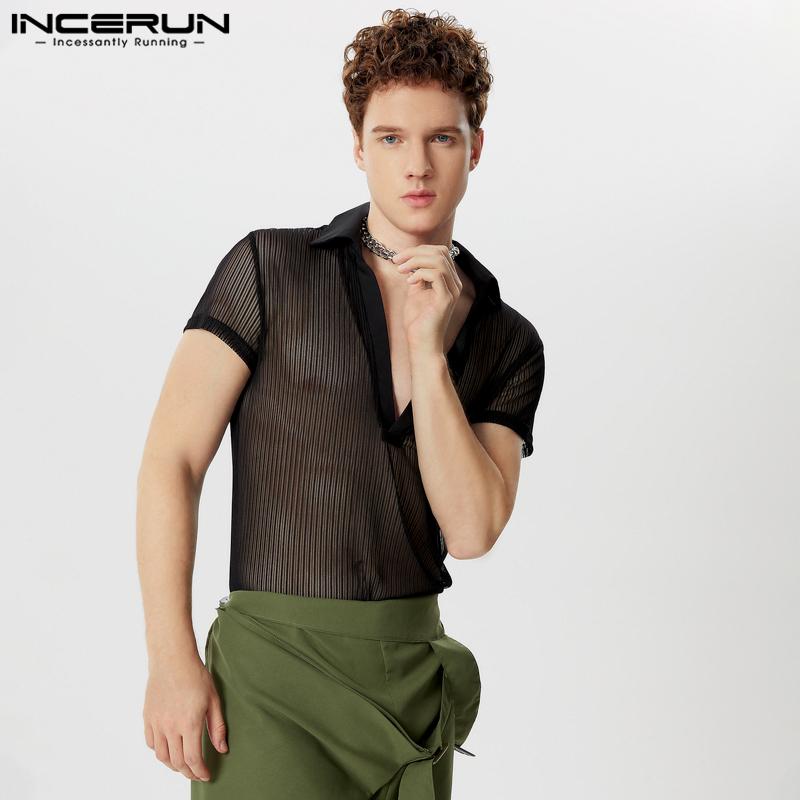 

INCERUN Чоловічі футболки з V-подібним вирізом, лацканами, сітчасті, прозорі, літні 5XL