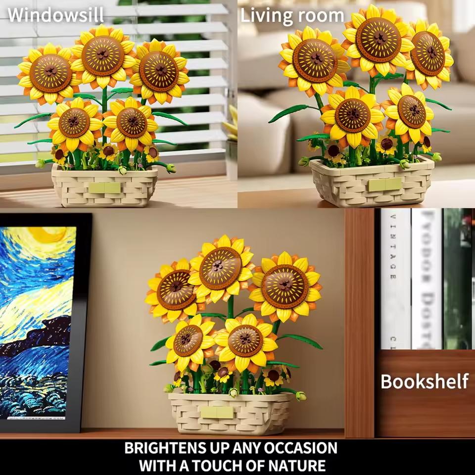 861Pcs Sunflower Potted Plant Building Block Flower Bouquet Vase Model Bricks Set Home Decoration Girls Educational Toys
