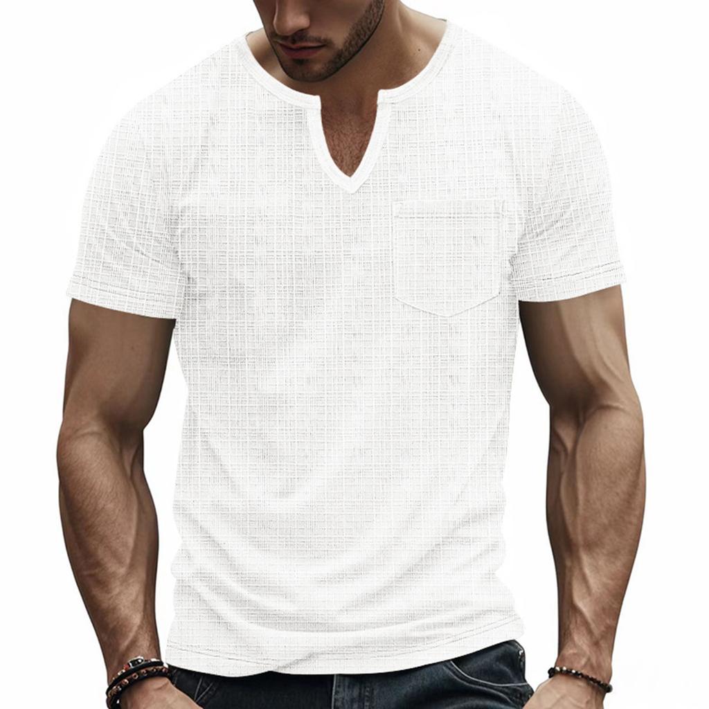 Men’s Short Sleeve Henley T Shirt with Chest Pocket Casual Lightweight Textured Fabric Notched Neckline Top