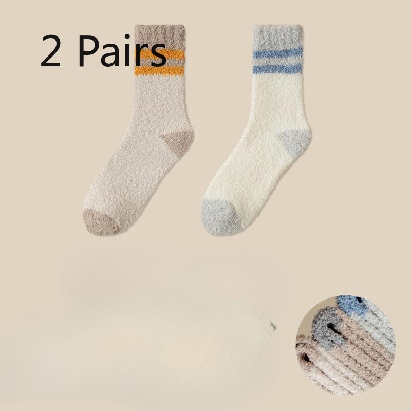 

2 пары носков из кораллового флиса для мужчин, до середины икры для осени и зимы, флисовые и утолщенные напольные носки, теплые домашние носки для сна с цветными блоками 2 pairs