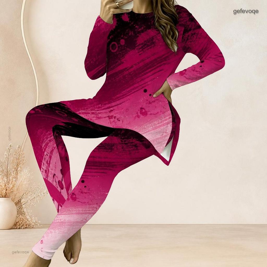 Women Plus Size Black Teal Gold Printed Two Piece Set Round Neck Long Sleeve Longline Top And Fitted Pants