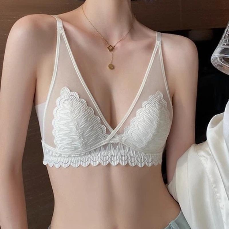 White Lace Sheer Wireless Bra with Leaf Embroidery and Adjustable Straps