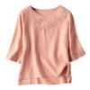 Damen Baumwolle Leinen Farbe 3/4 Ärmel Hemd Rundhals Locker Bluse Pullover Top