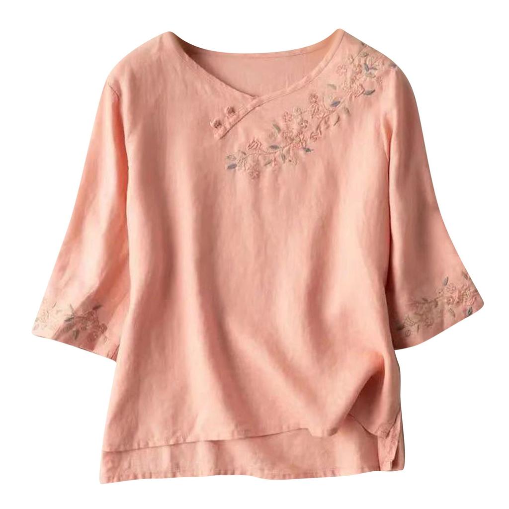 Damen Baumwolle Leinen Farbe 3/4 Ärmel Hemd Rundhals Locker Bluse Pullover Top