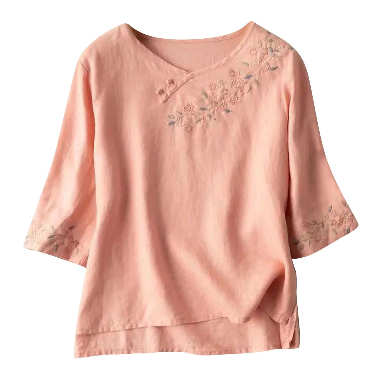 

Женская хлопково-льняная однотонная рубашка с рукавами 3/4, свободная блузка с круглым вырезом, пуловер, топ L розовый