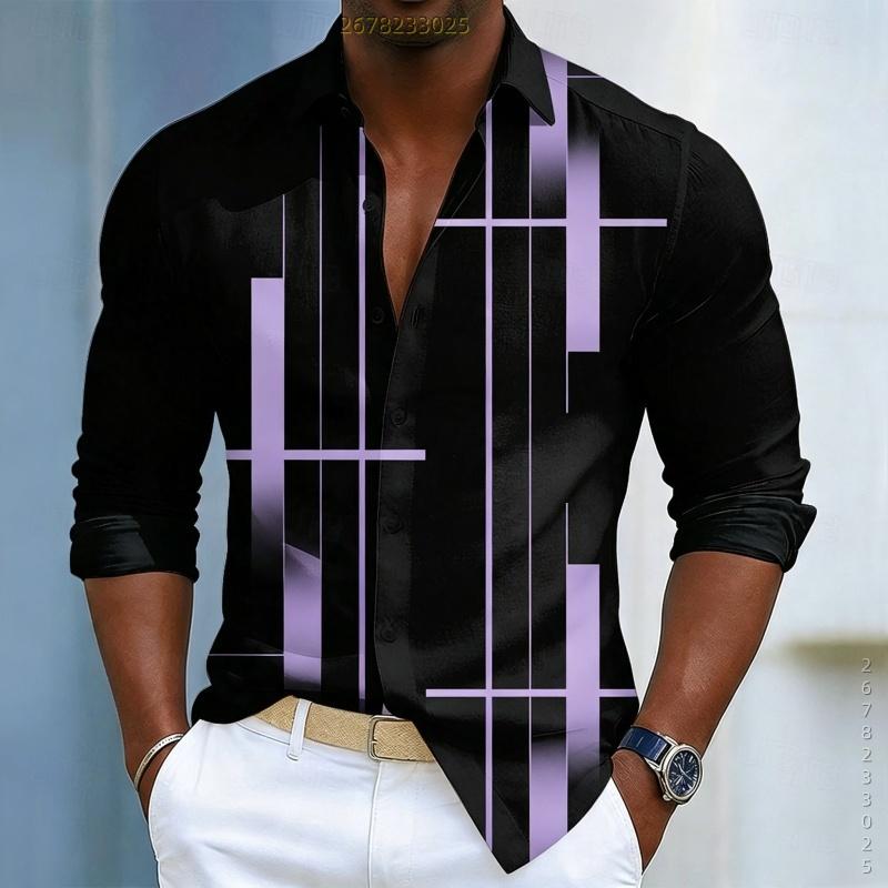 Men's shirt with black geometric line printed long sleeved shirt, high-quality business casual loose flap cardigan