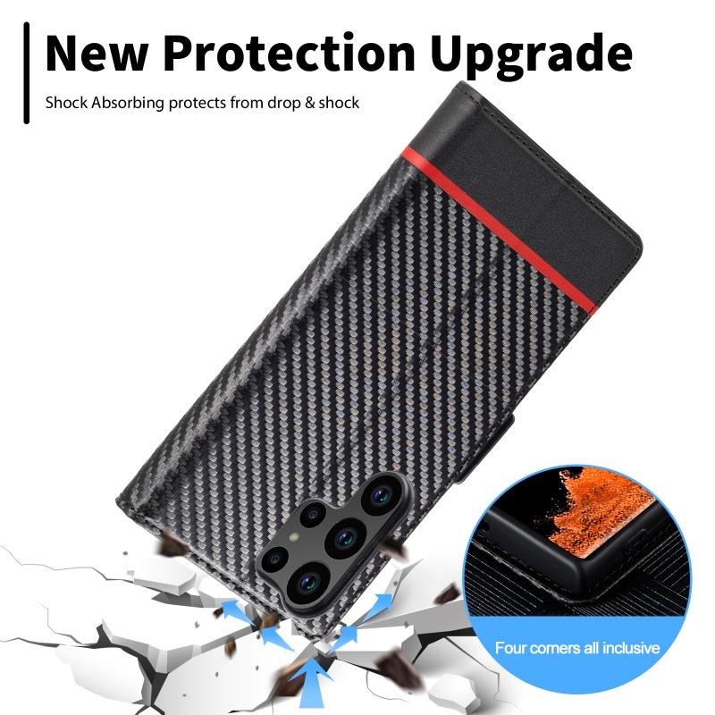 EUCAGR Carbon Fiber Flip Magnet PU Leather Wallet Phone Case for Samsung S26 Ultra S25 S24 S23 S22 S21 S20 S10 S9 S8 Plus Cover