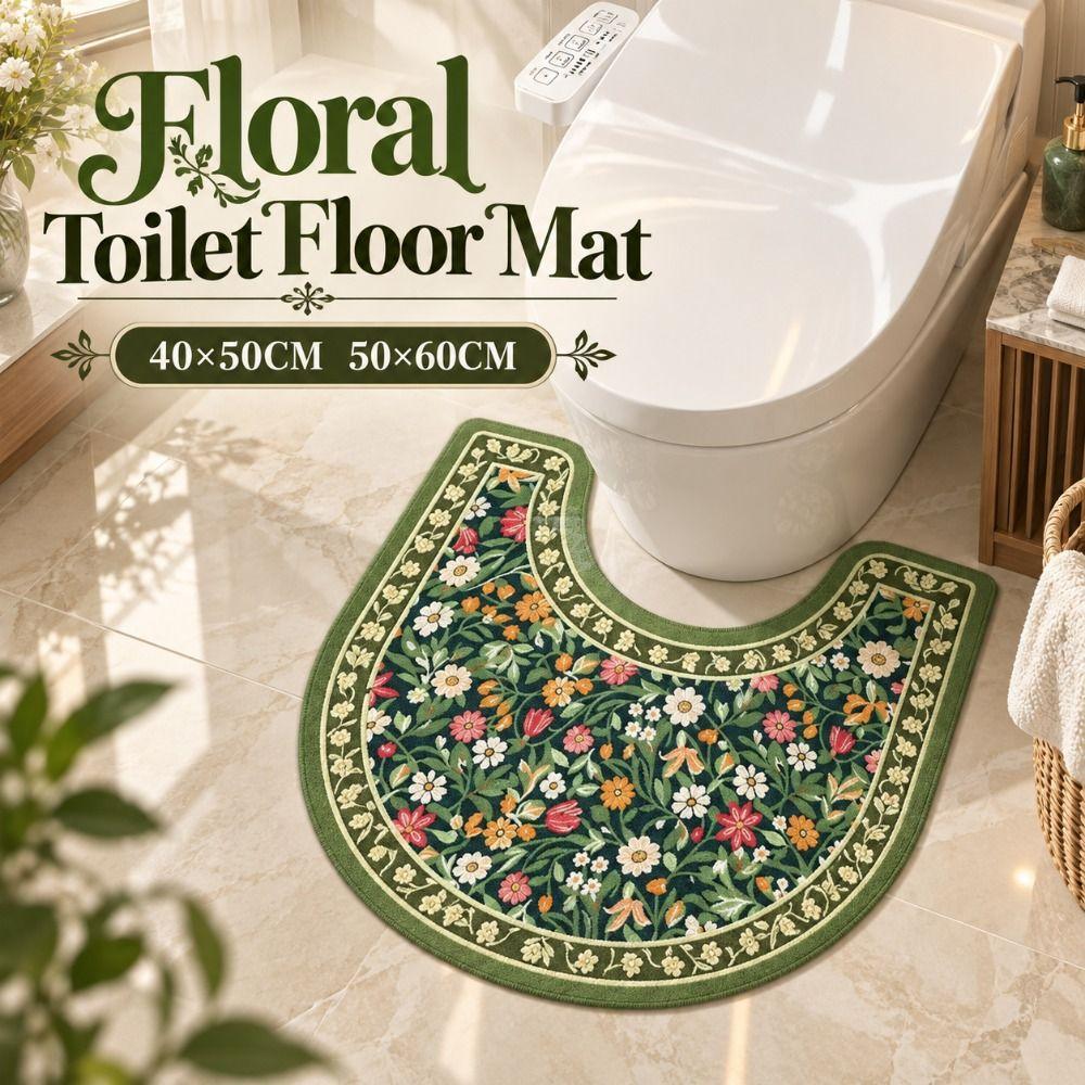 Floral Pattern Toilet U-shaped Mat Non-slip Bath Mat Retro Bathroom Floor Rug Household