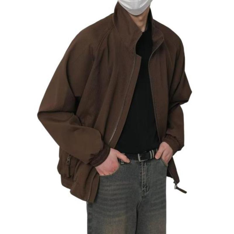 Autumn Jacket Men Lapel Long Sleeve Elastic Hem Zipper Placket Coat Solid Color Retro Style Casual Outwear