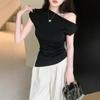 Pure Desire Sexy Slanted Shoulder Knitted Sweater Women's Summer Design Feeling Open Shoulder Irregular One-word Shoulder Shirt Spice Girl Short Top