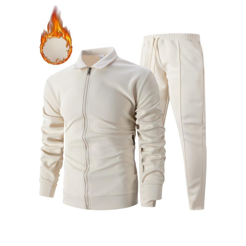 Men Thickened Waffle Turn Down Collar Long Sleeve Jacket And Pants Casual Two Piece Set