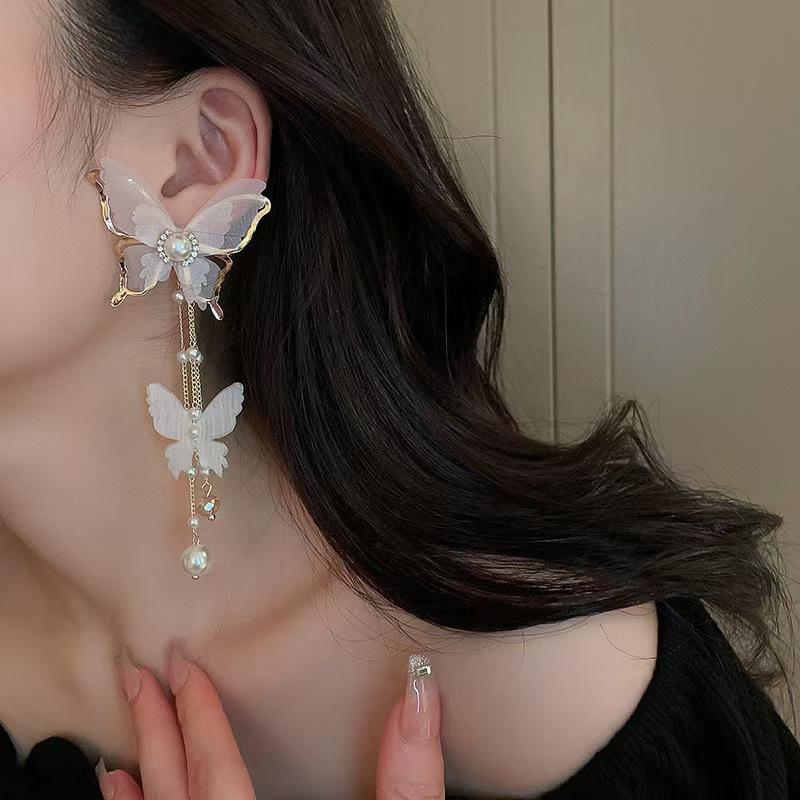 New Elegant Fairy Chiffon Buterfly Tassel Earrings For Women Fashion Imitation Pearl Dangle Drop Earrings Party Wedding Jewelry Gifts