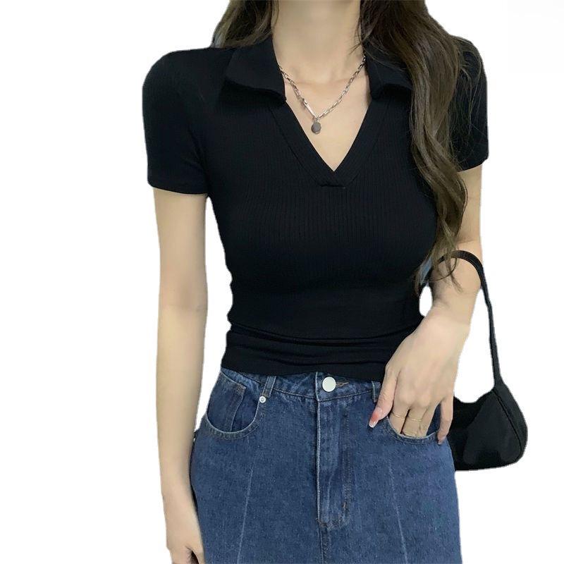 Tricou polo slim cu decolteu în V, vara 2023, pentru femei - cu mâneci scurte, culoare uni, top sexy și elegant.