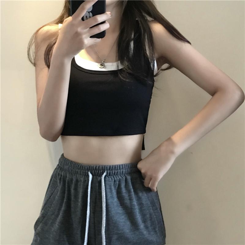 Women's Fake Two-Piece Crop Tank Top, Ribbed Cotton Sleeveless Camisole