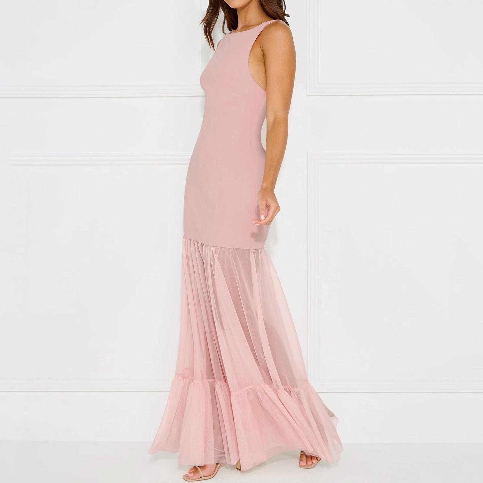 

Women s Casual Fashion Sleeveless Dress Mesh Splicing See-through Sleeveless Long Dress L розовый