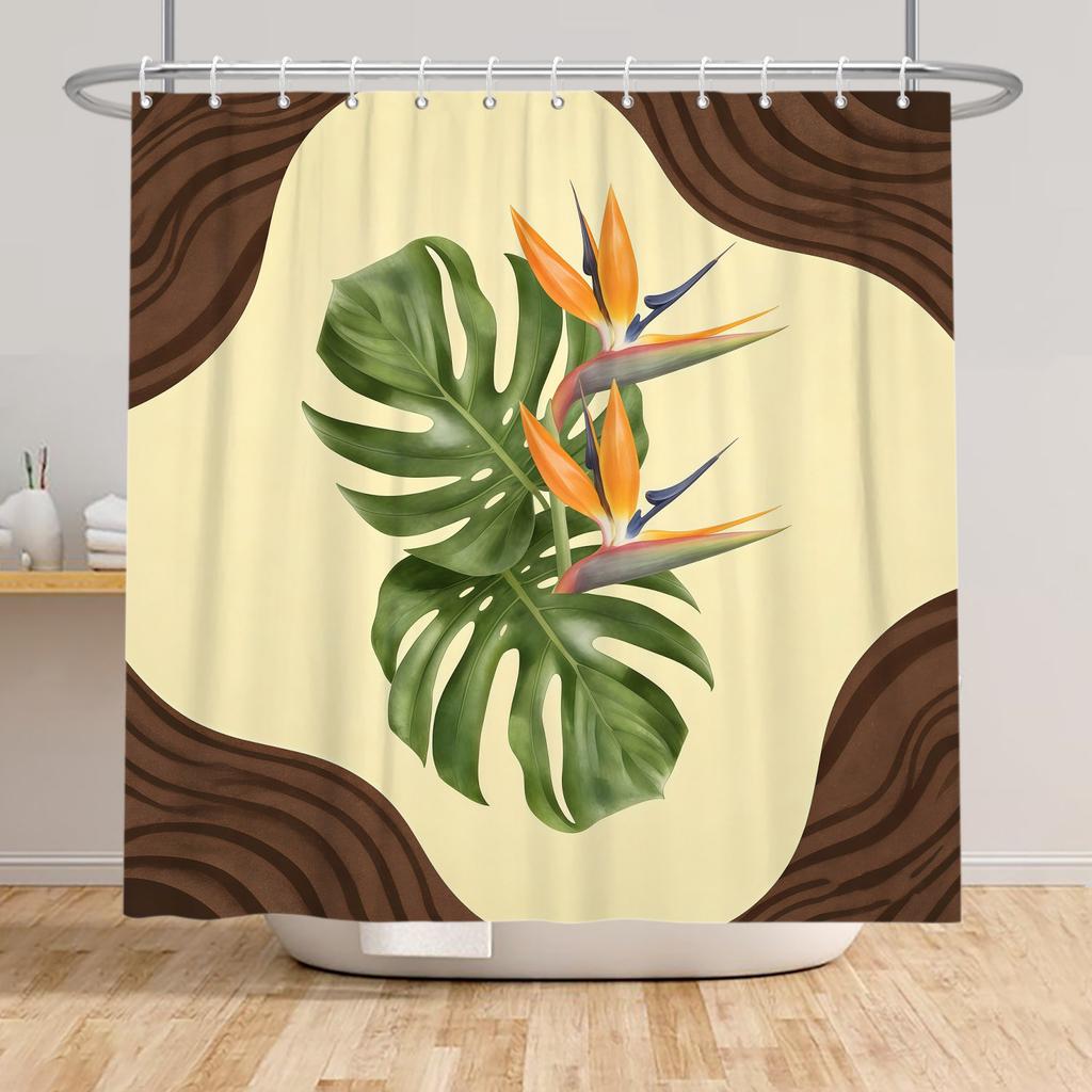 Tropical Rainfores Bathroom Shower Curtain Plant Green Leaves Simple Line Decor Waterproof Bathtub Bathroom Curtain With Hooks