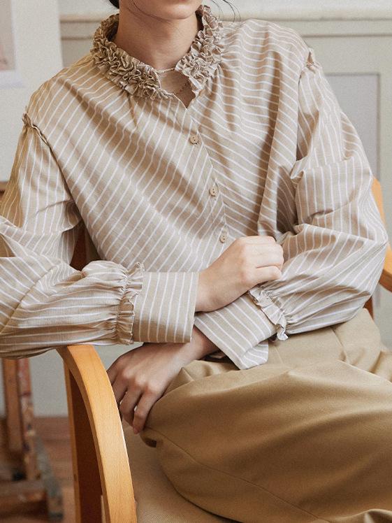 2025 Hepburn Style French Striped Petal Collar Shirt for Women - Unique, Beautiful, Small Top