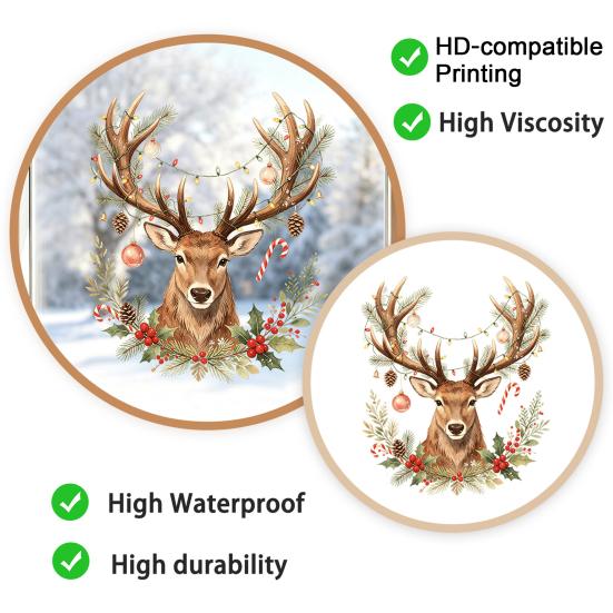 Seasonal Window Decals Christmas Watercolor Reindeer Cling, Removable Reusable Elk Head Static Easy Install Sticker Decal, Animal Decorative Glass for