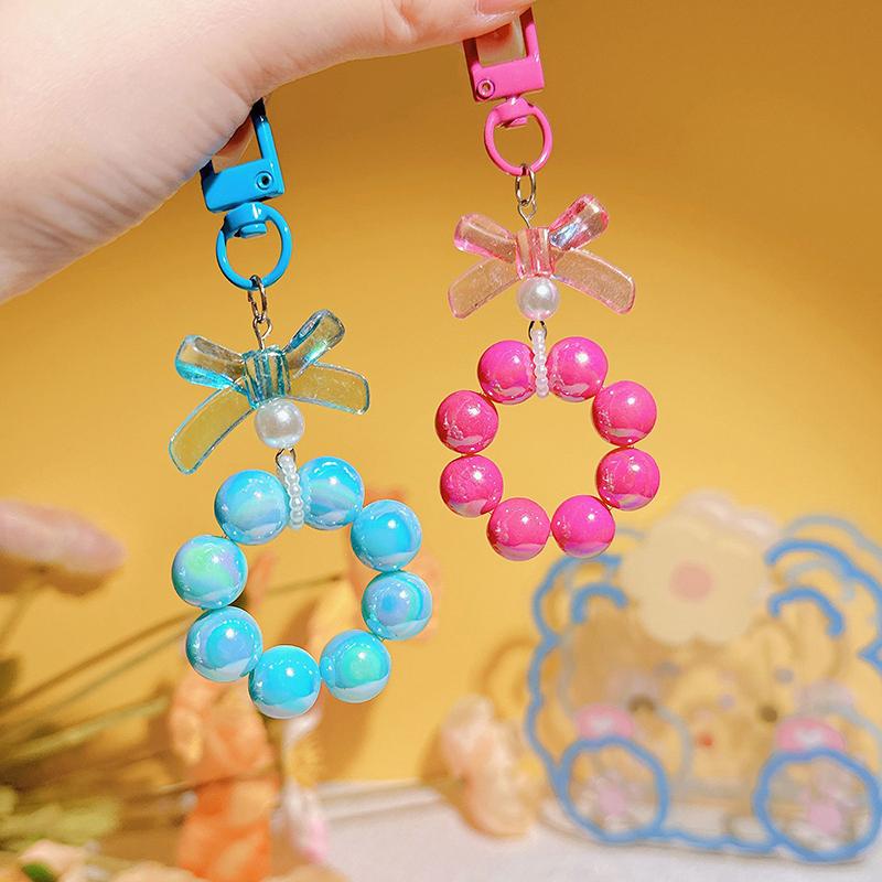 Plastic Fashion Beaded Bow Keychain Exquisite Candy Color Pearl Keyring Creative Shiny Bows Beaded Pendant Girls