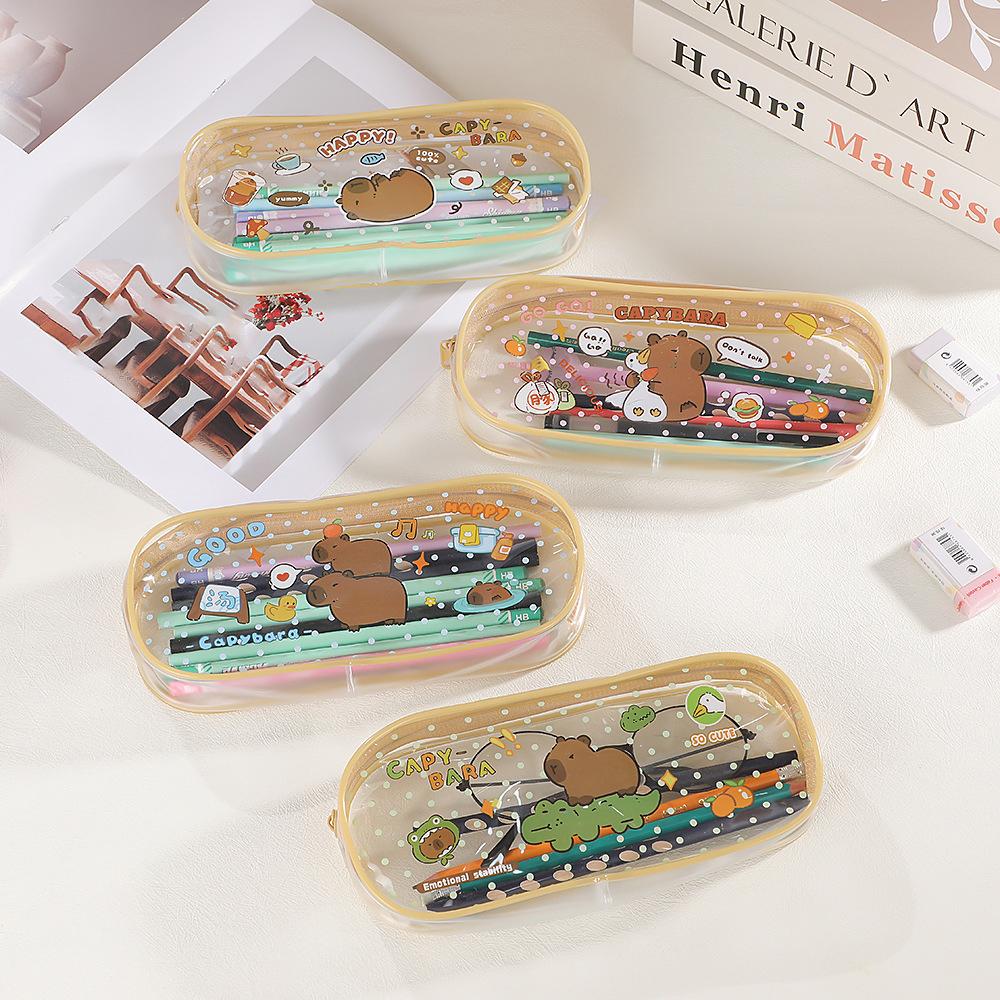 Cartoon Capybara Pencil Case Transparent Waterproof Zipper Pen Pouch Large Capacity Stationary Organizer Bag School Supplies