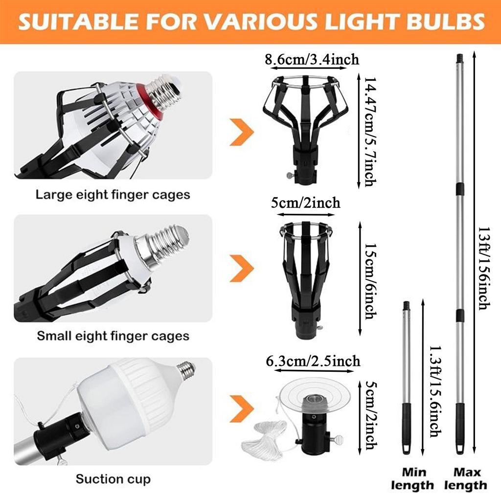 Light Bulb Changer Pole 13ft High-Reach Light Changer Pole Bulb Changing Artifact With Basket Suction Cup Extractor Pole For
