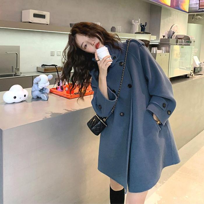

New autumn black trench coat for women, small spring and autumn medium and long Korean version casual loose double-breasted coat M синий