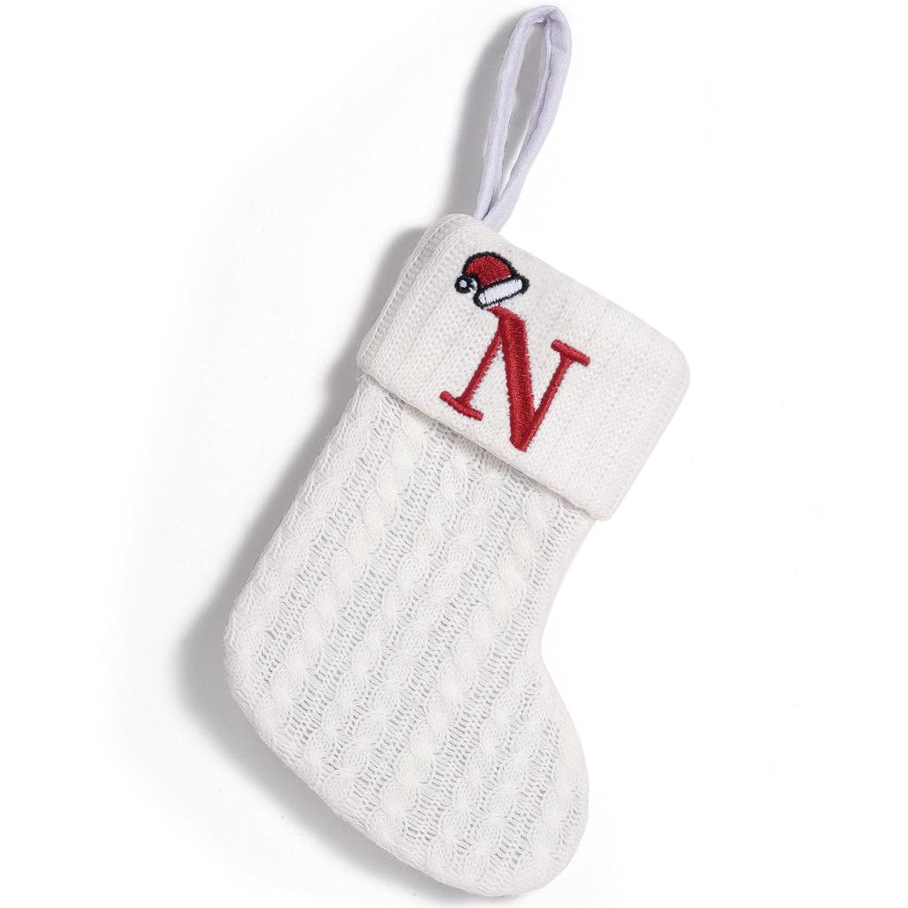 Cross-Border White Knitted Christmas Stocking with Letter Embroidery – Decorative Gift Bag Ornament.