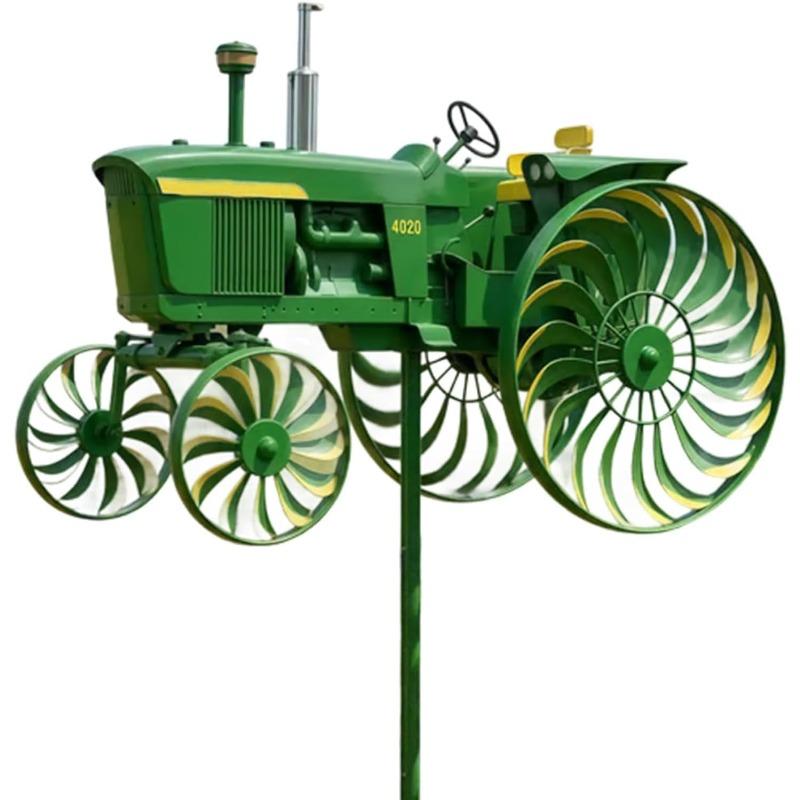 Garden Wind Spinner, Green Tractor Motocycle Fighter Jet Windmill Stake with Rotating Wheels for Patio Yard Garden,Unique Outdoor Sculptures Ornament