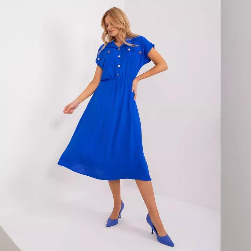 

Плюс Размер Женское Летнее Однотонное Повседневное Платье С Коротким Рукавом и Пуговицами Юбка Платье XXL синий