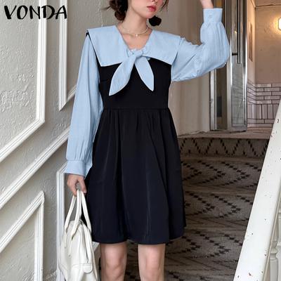 Women Elegant Lapel Contrast Color Waist Long Sleeve Dresses